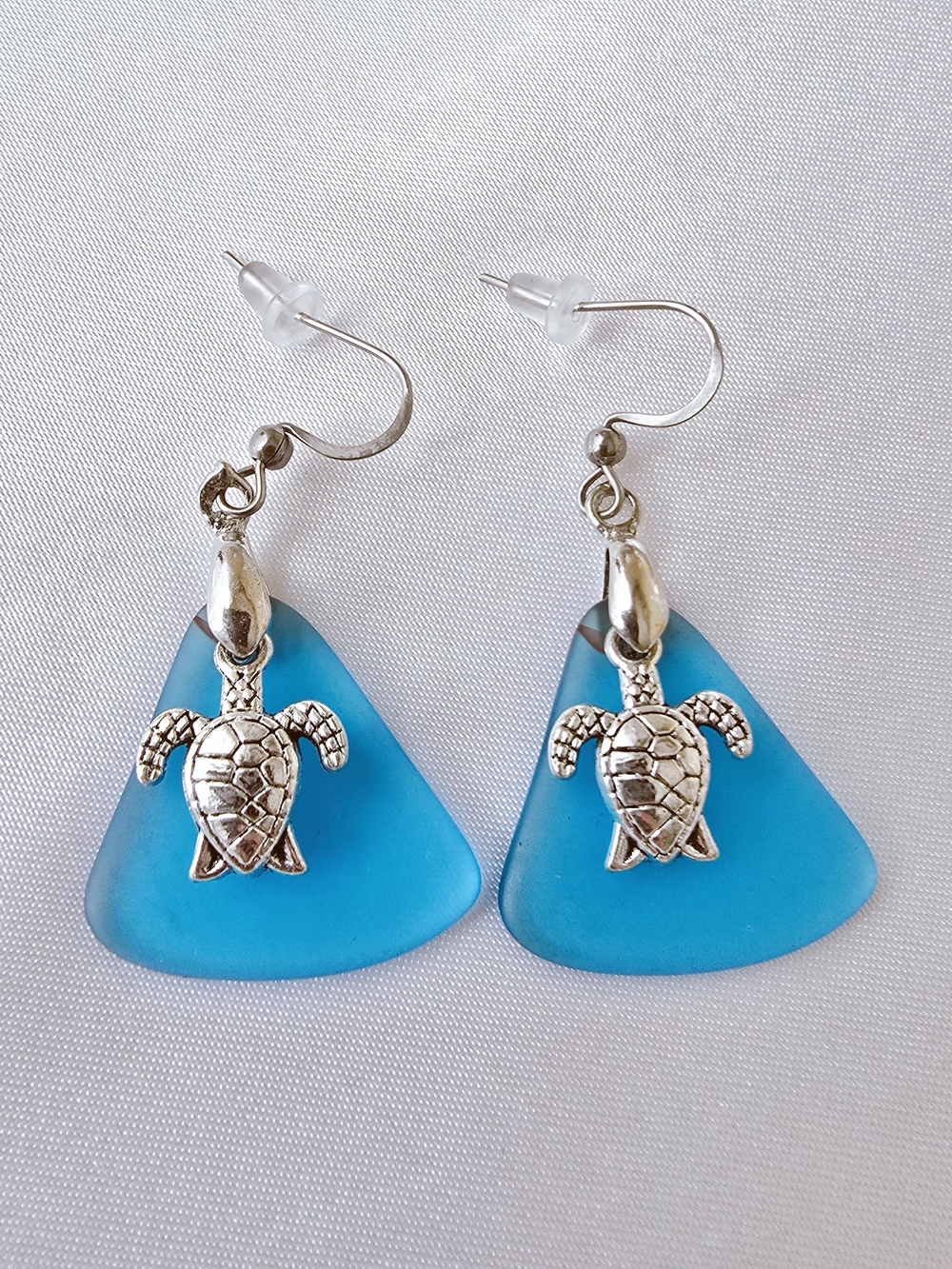 Blue Sea‎ Glass Drop Earrings W/ Silver Turtle Charm - Beach Summer Jewelry
